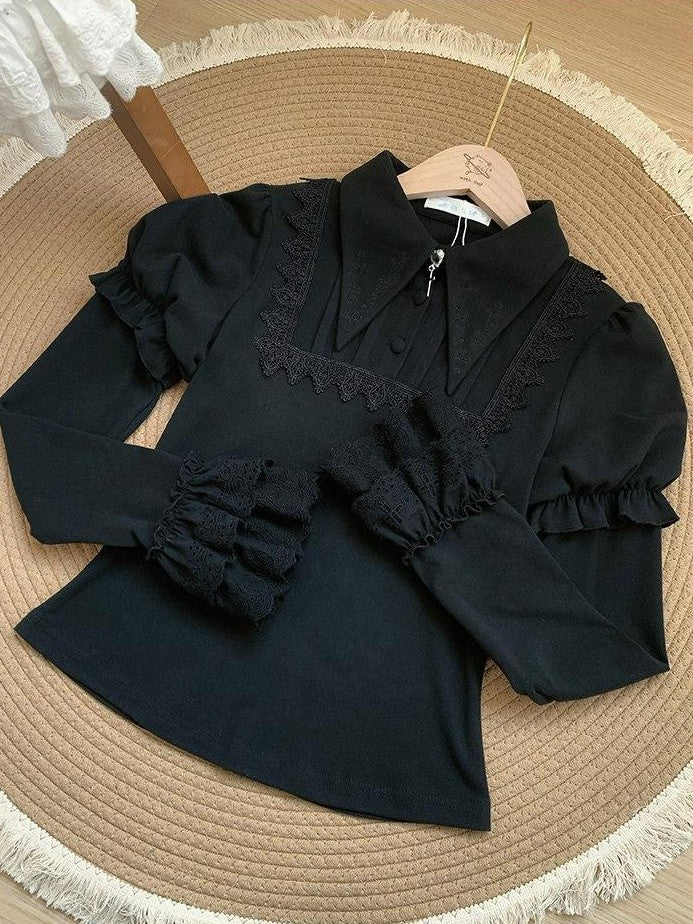 With PUJI Two Tone Pointed Collar Stretch Knit Women's Warm Inner Long Sleeve Cutsews