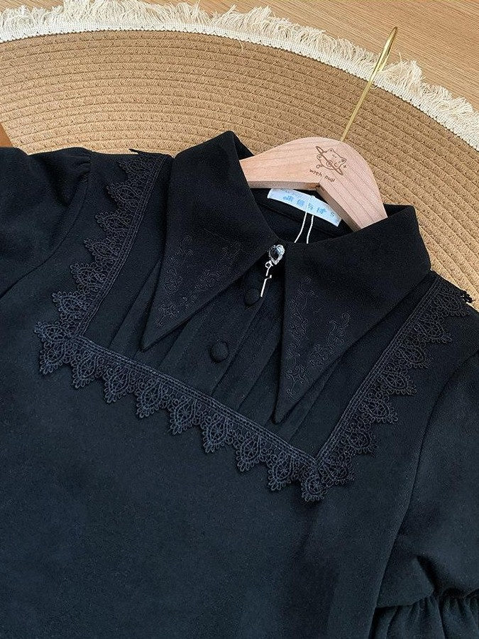 With PUJI Two Tone Pointed Collar Stretch Knit Women's Warm Inner Long Sleeve Cutsews