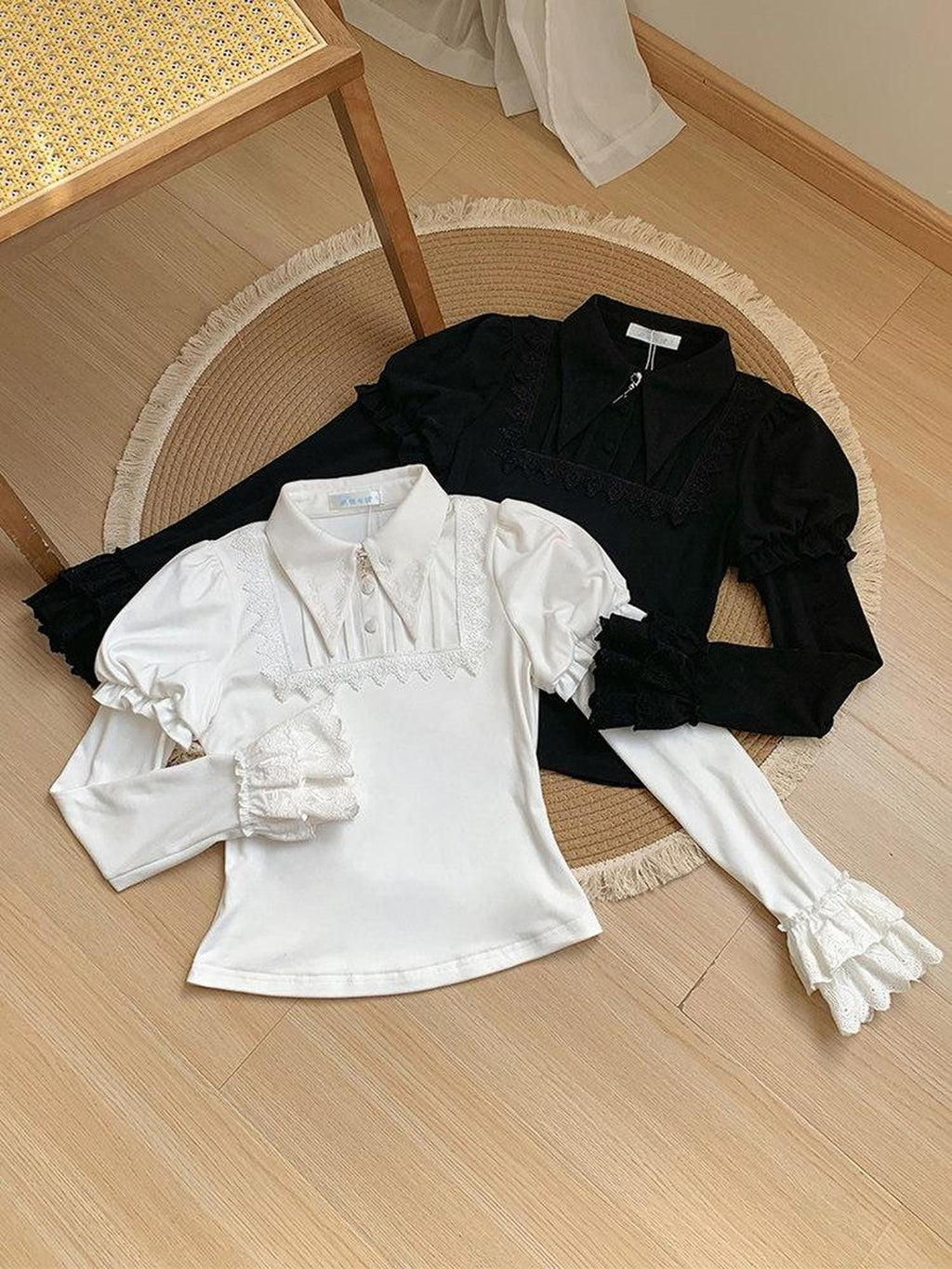 With PUJI Two Tone Pointed Collar Stretch Knit Women's Warm Inner Long Sleeve Cutsews