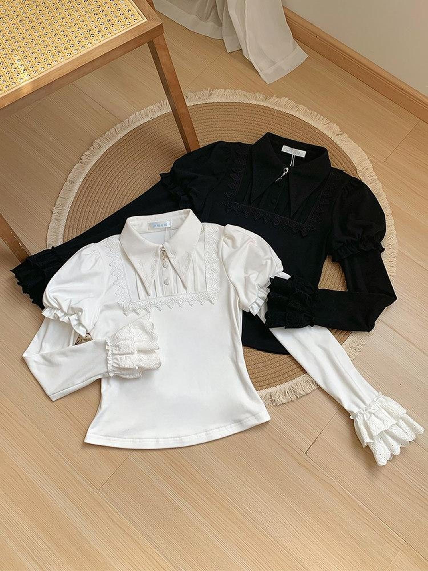 With PUJI Two Tone Pointed Collar Stretch Knit Women's Warm Inner Long Sleeve Cutsews