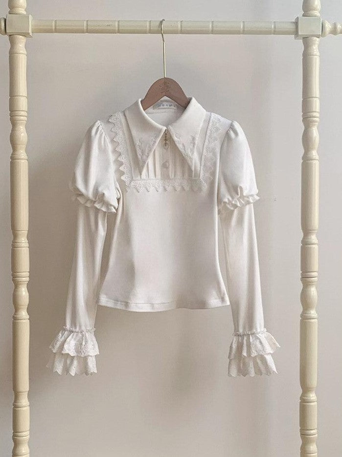 With PUJI Two Tone Pointed Collar Stretch Knit Women's Warm Inner Long Sleeve Cutsews