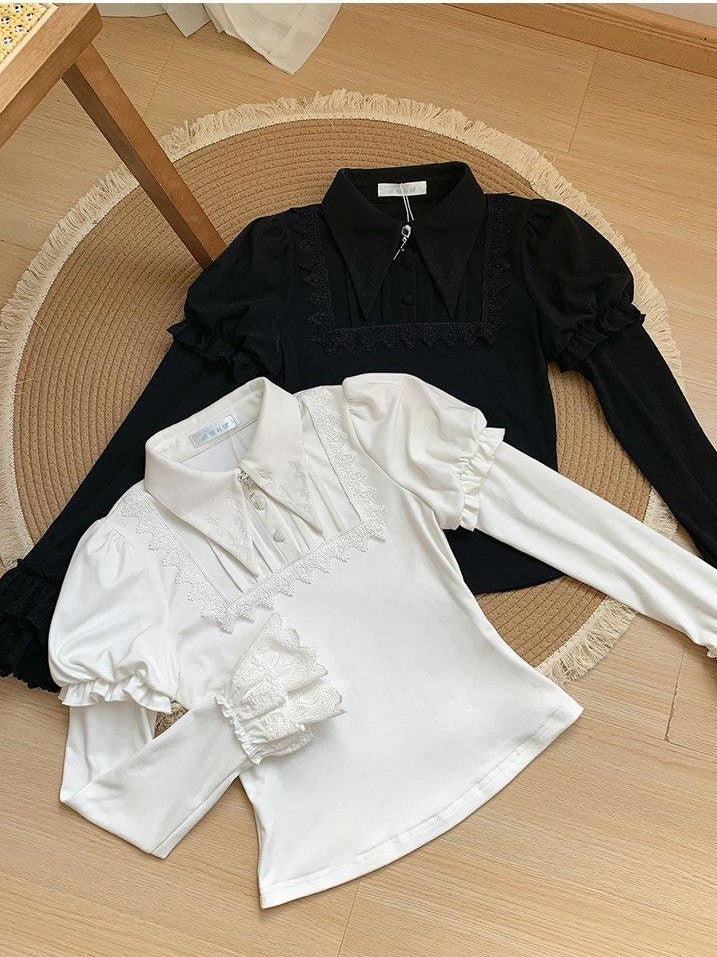 With PUJI Two Tone Pointed Collar Stretch Knit Women's Warm Inner Long Sleeve Cutsews