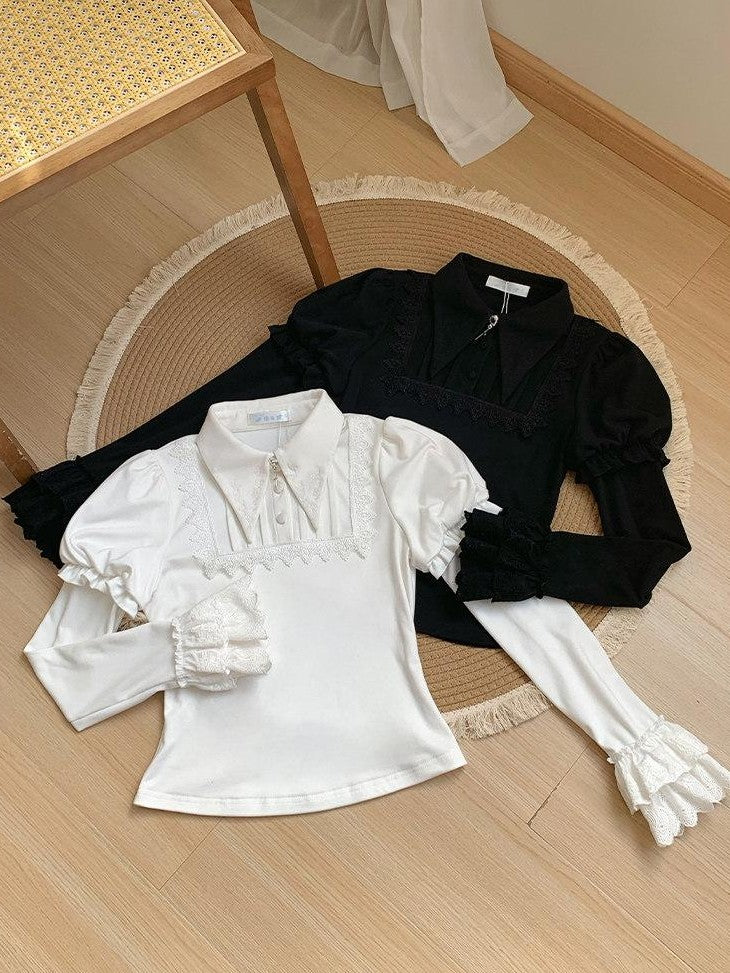 With PUJI Two Tone Pointed Collar Stretch Knit Women's Warm Inner Long Sleeve Cutsews