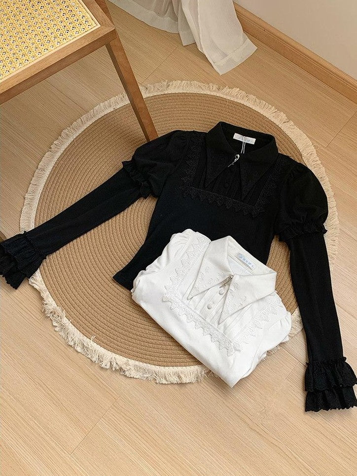With PUJI Two Tone Pointed Collar Stretch Knit Women's Warm Inner Long Sleeve Cutsews