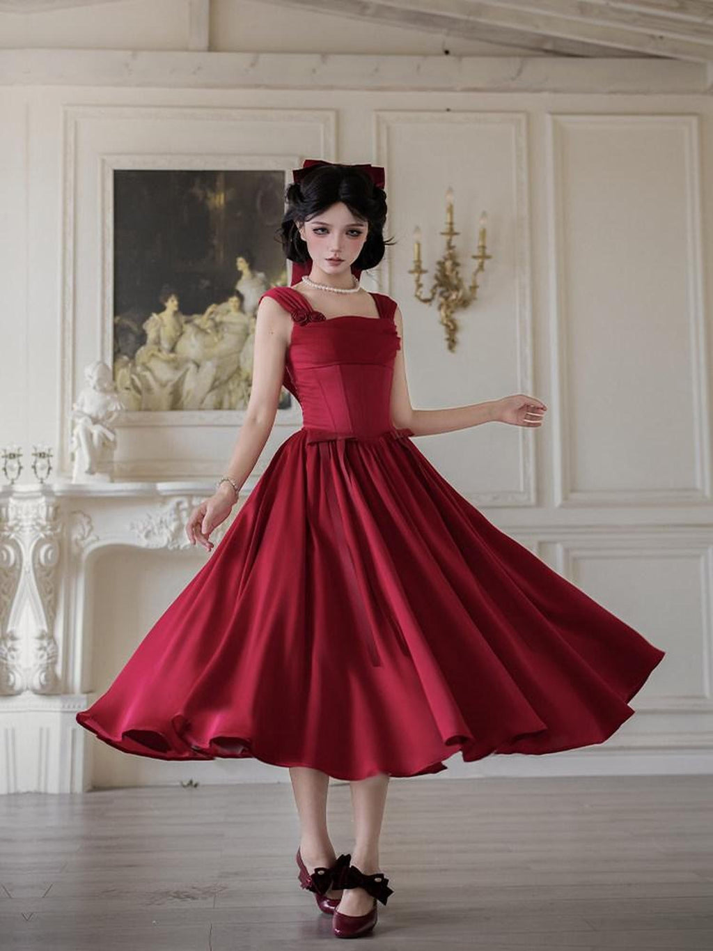 With PUJI Vintage Boned Waist Draped Neck Spaghetti Strap Women's Jsk / Jumper Skirts