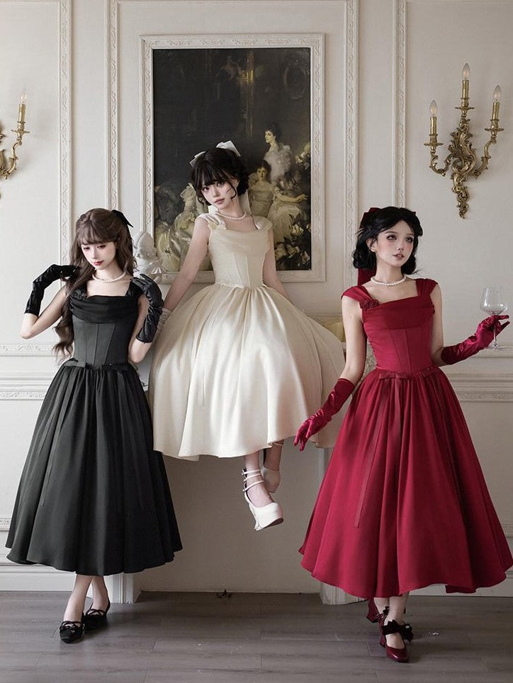 With PUJI Vintage Boned Waist Draped Neck Spaghetti Strap Women's Jsk / Jumper Skirts