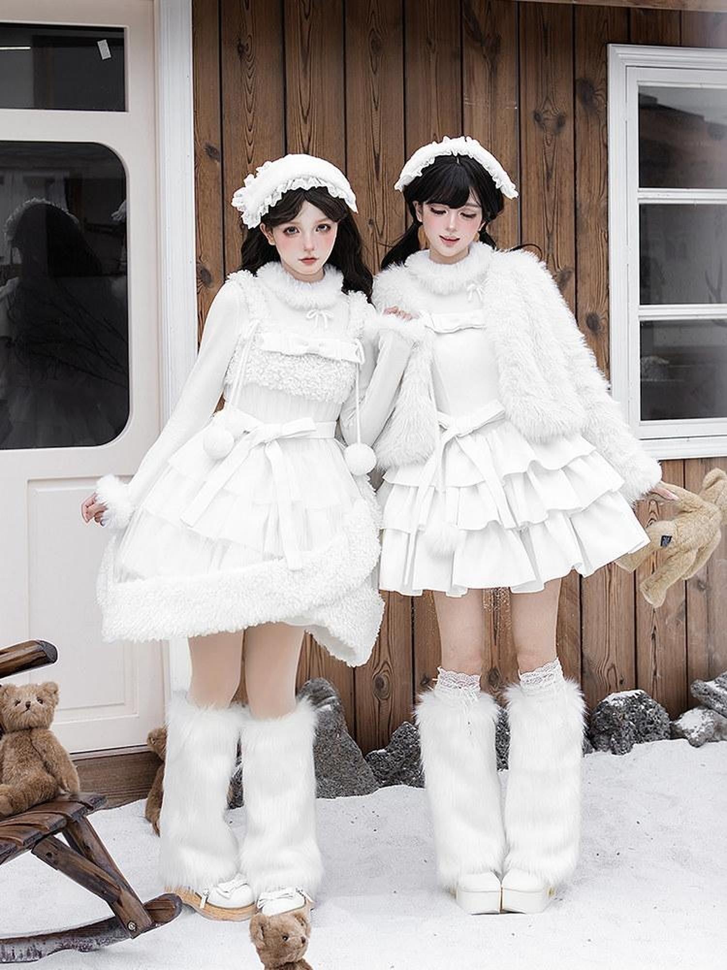 With PUJI White Three Tier Overskirt Detachable Bow Waist Belt Women's Plush Coat Jsk Sets