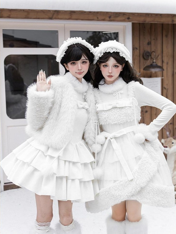 With PUJI White Three Tier Overskirt Detachable Bow Waist Belt Women's Plush Coat Jsk Sets