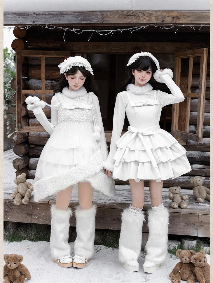 With PUJI White Three Tier Overskirt Detachable Bow Waist Belt Women's Plush Coat Jsk Sets