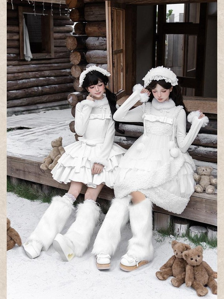 With PUJI White Three Tier Overskirt Detachable Bow Waist Belt Women's Plush Coat Jsk Sets