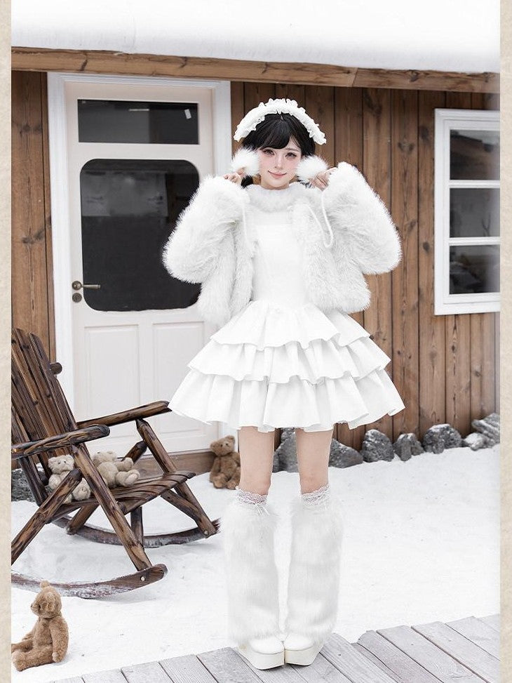 With PUJI White Three Tier Overskirt Detachable Bow Waist Belt Women's Plush Coat Jsk Sets