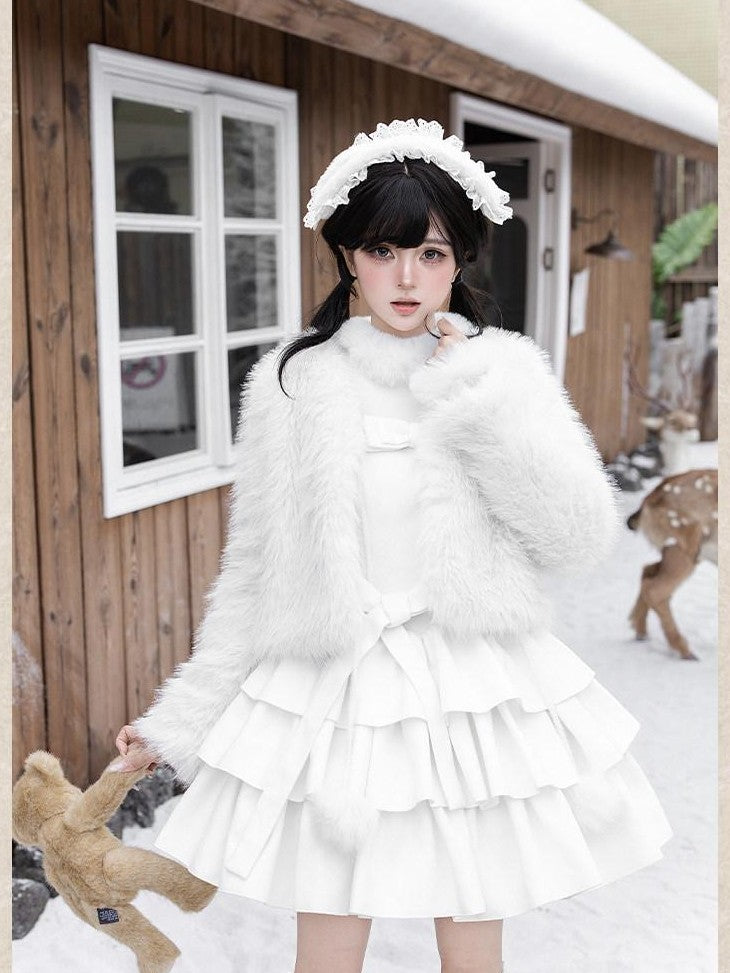 With PUJI White Three Tier Overskirt Detachable Bow Waist Belt Women's Plush Coat Jsk Sets