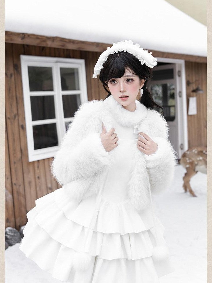 With PUJI White Three Tier Overskirt Detachable Bow Waist Belt Women's Plush Coat Jsk Sets