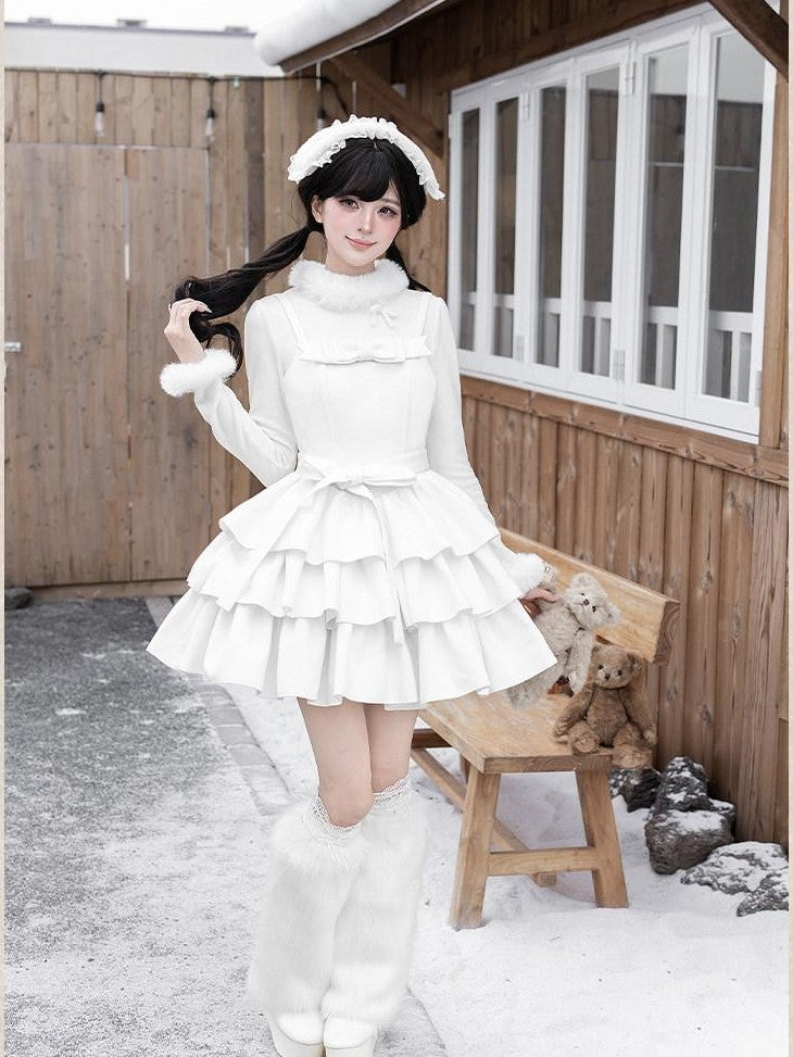 With PUJI White Three Tier Overskirt Detachable Bow Waist Belt Women's Plush Coat Jsk Sets