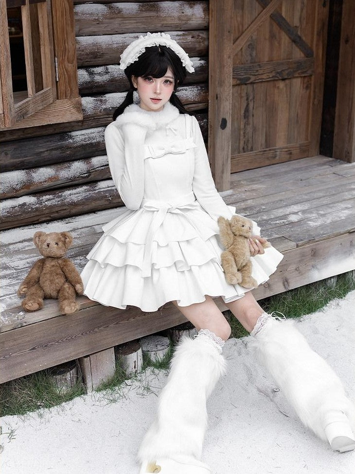 With PUJI White Three Tier Overskirt Detachable Bow Waist Belt Women's Plush Coat Jsk Sets