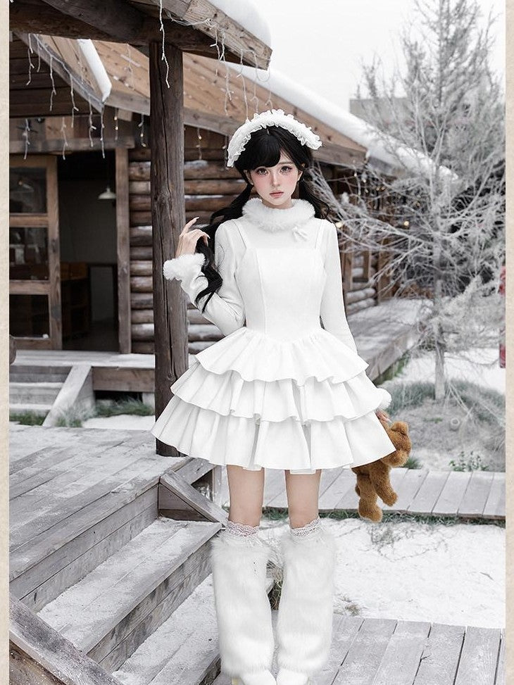 With PUJI White Three Tier Overskirt Detachable Bow Waist Belt Women's Plush Coat Jsk Sets