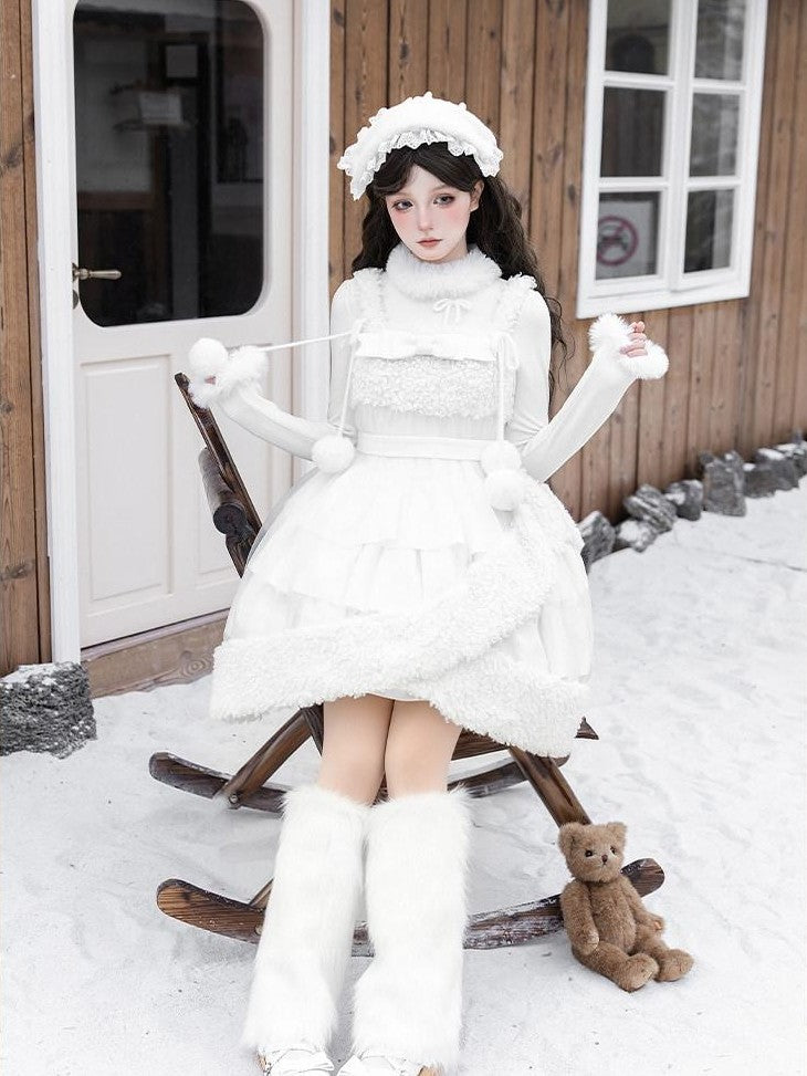 With PUJI White Three Tier Overskirt Detachable Bow Waist Belt Women's Plush Coat Jsk Sets