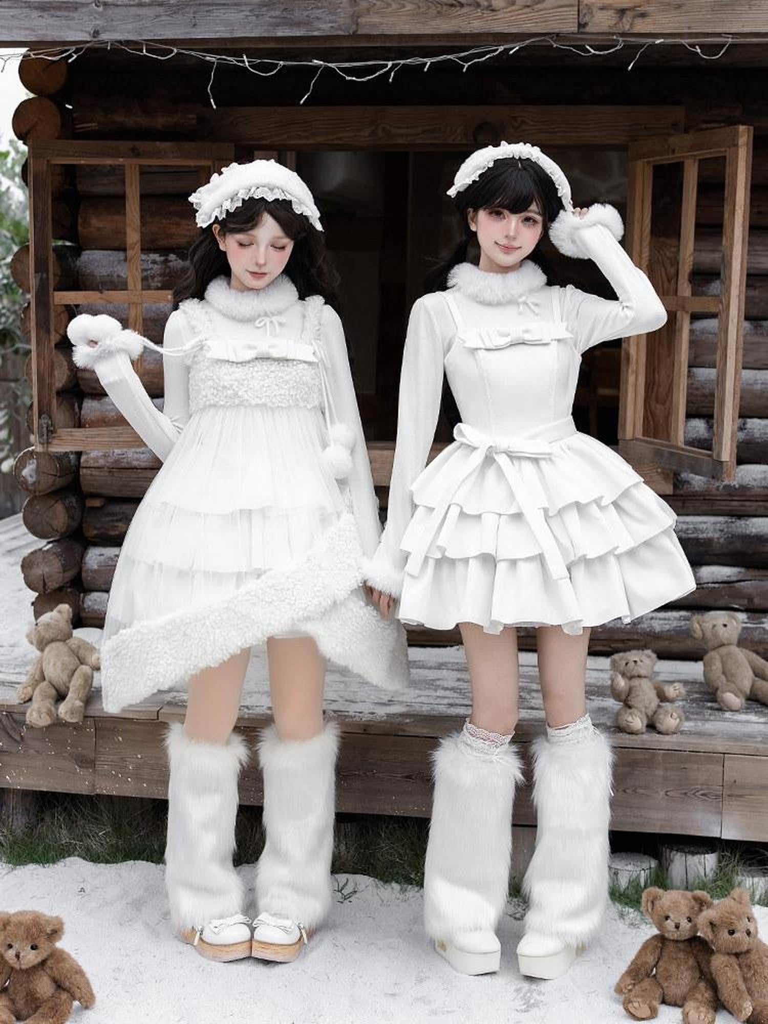With PUJI White Three Tier Overskirt Detachable Bow Waist Belt Women's Plush Coat Jsk Sets