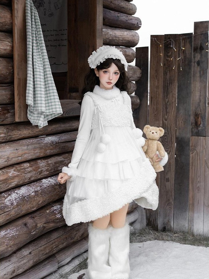 With PUJI White Three Tier Overskirt Detachable Bow Waist Belt Women's Plush Coat Jsk Sets