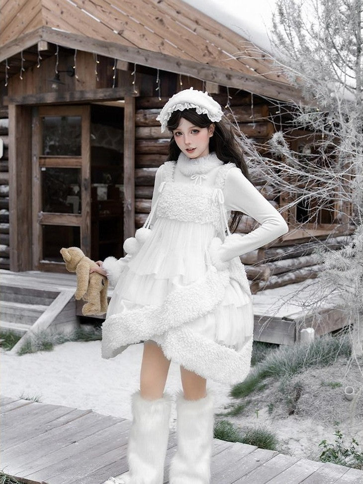 With PUJI White Three Tier Overskirt Detachable Bow Waist Belt Women's Plush Coat Jsk Sets