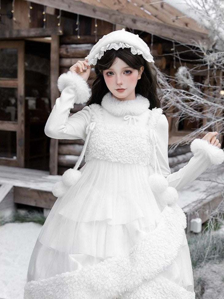 With PUJI White Three Tier Overskirt Detachable Bow Waist Belt Women's Plush Coat Jsk Sets