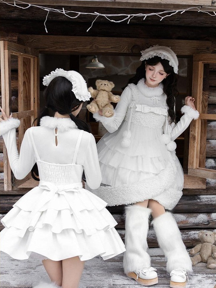 With PUJI White Three Tier Overskirt Detachable Bow Waist Belt Women's Plush Coat Jsk Sets