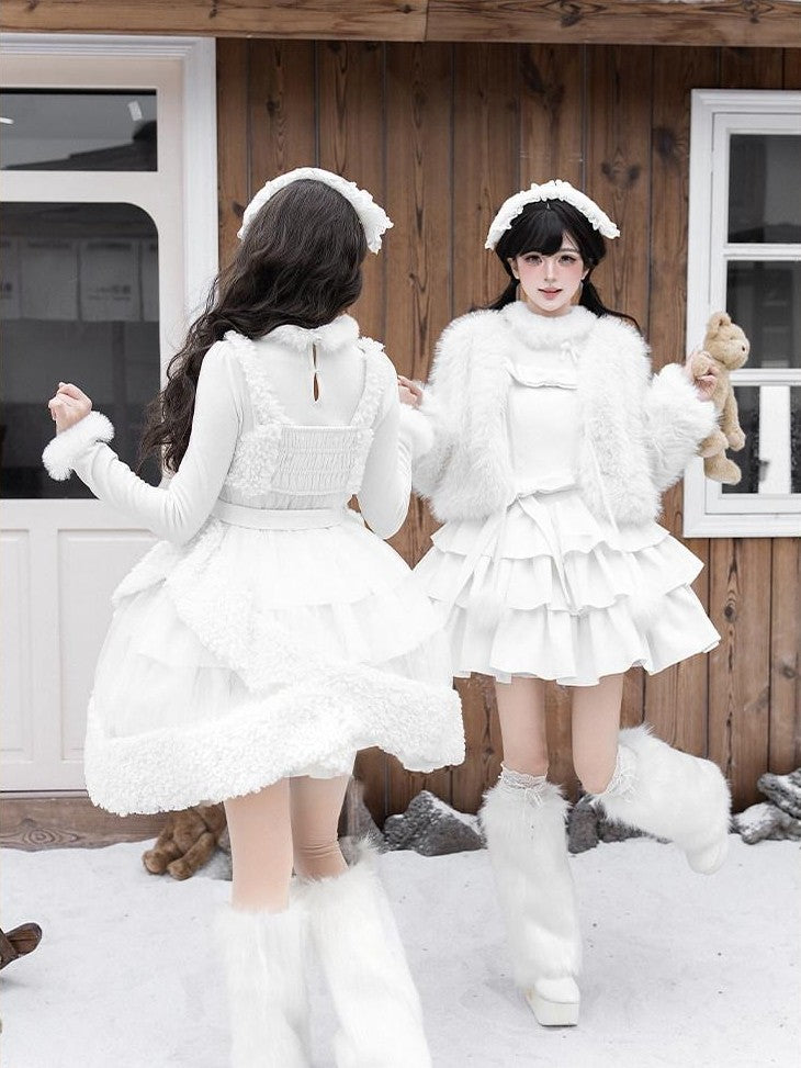 With PUJI White Three Tier Overskirt Detachable Bow Waist Belt Women's Plush Coat Jsk Sets