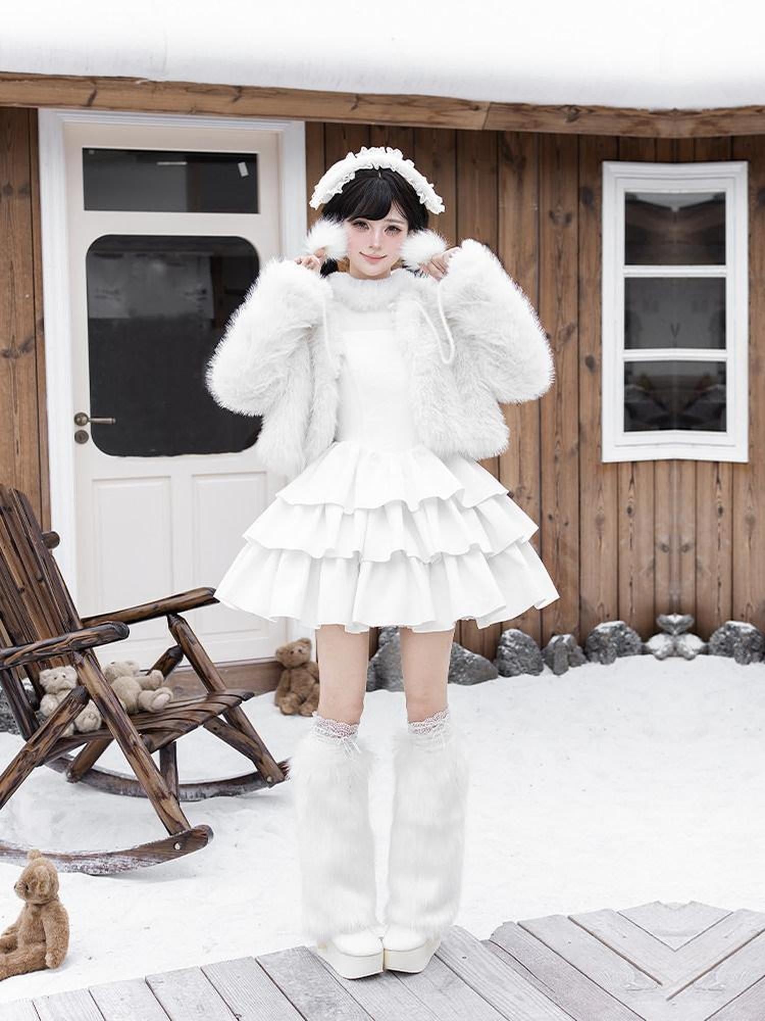 With PUJI White Three Tier Overskirt Detachable Bow Waist Belt Women's Plush Coat Jsk Sets
