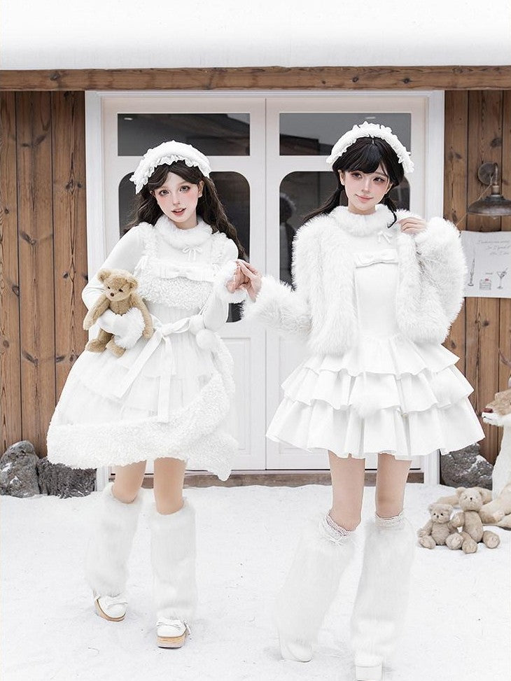 With PUJI White Three Tier Overskirt Detachable Bow Waist Belt Women's Plush Coat Jsk Sets