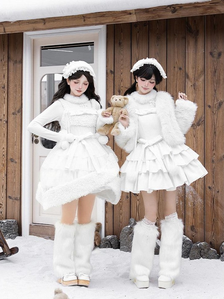 With PUJI White Three Tier Overskirt Detachable Bow Waist Belt Women's Plush Coat Jsk Sets