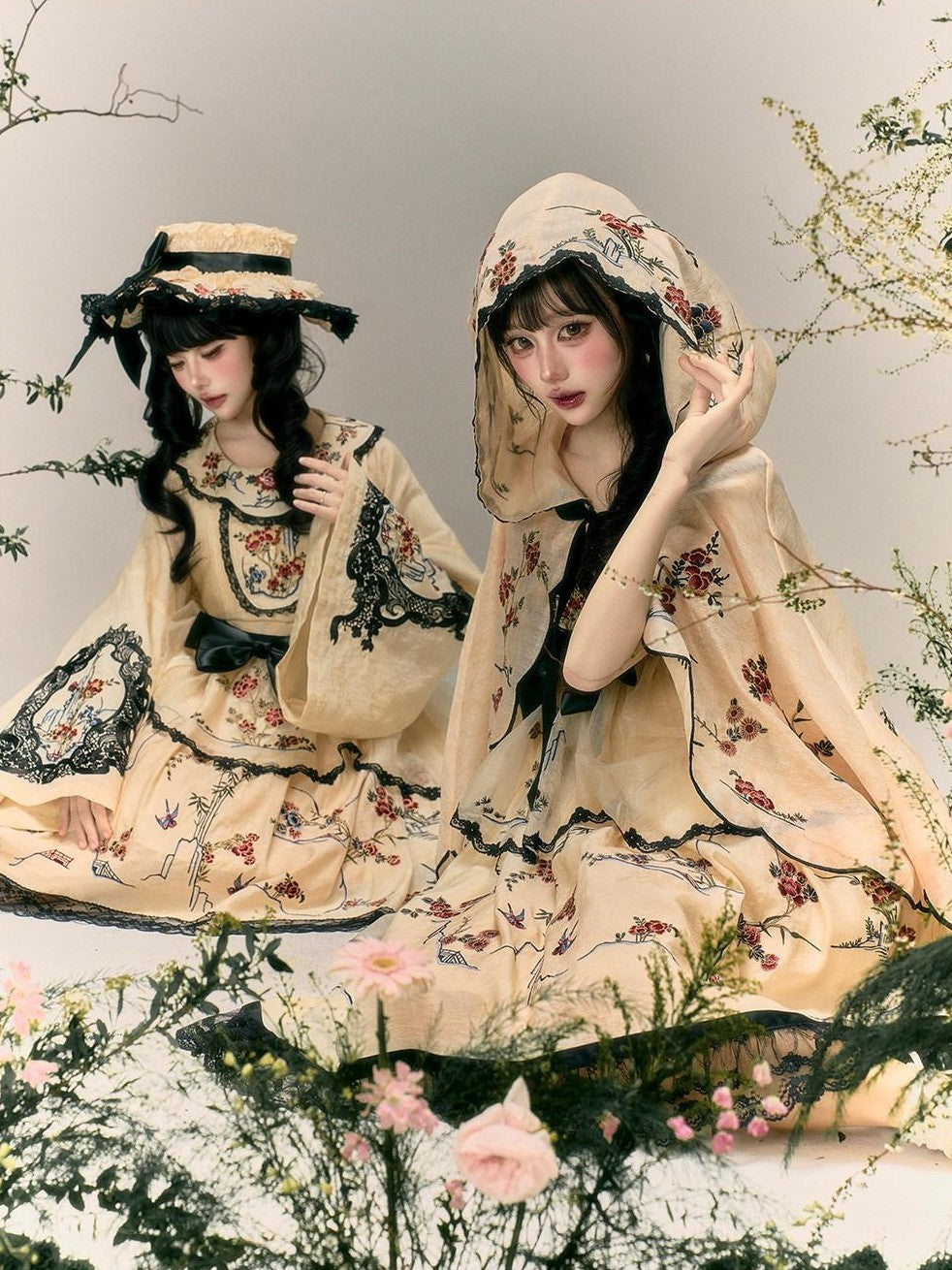 Yi Mu Hu Tao Amber Floral Bird Embroidered Sino Western Strappy Women's Jsk Sets