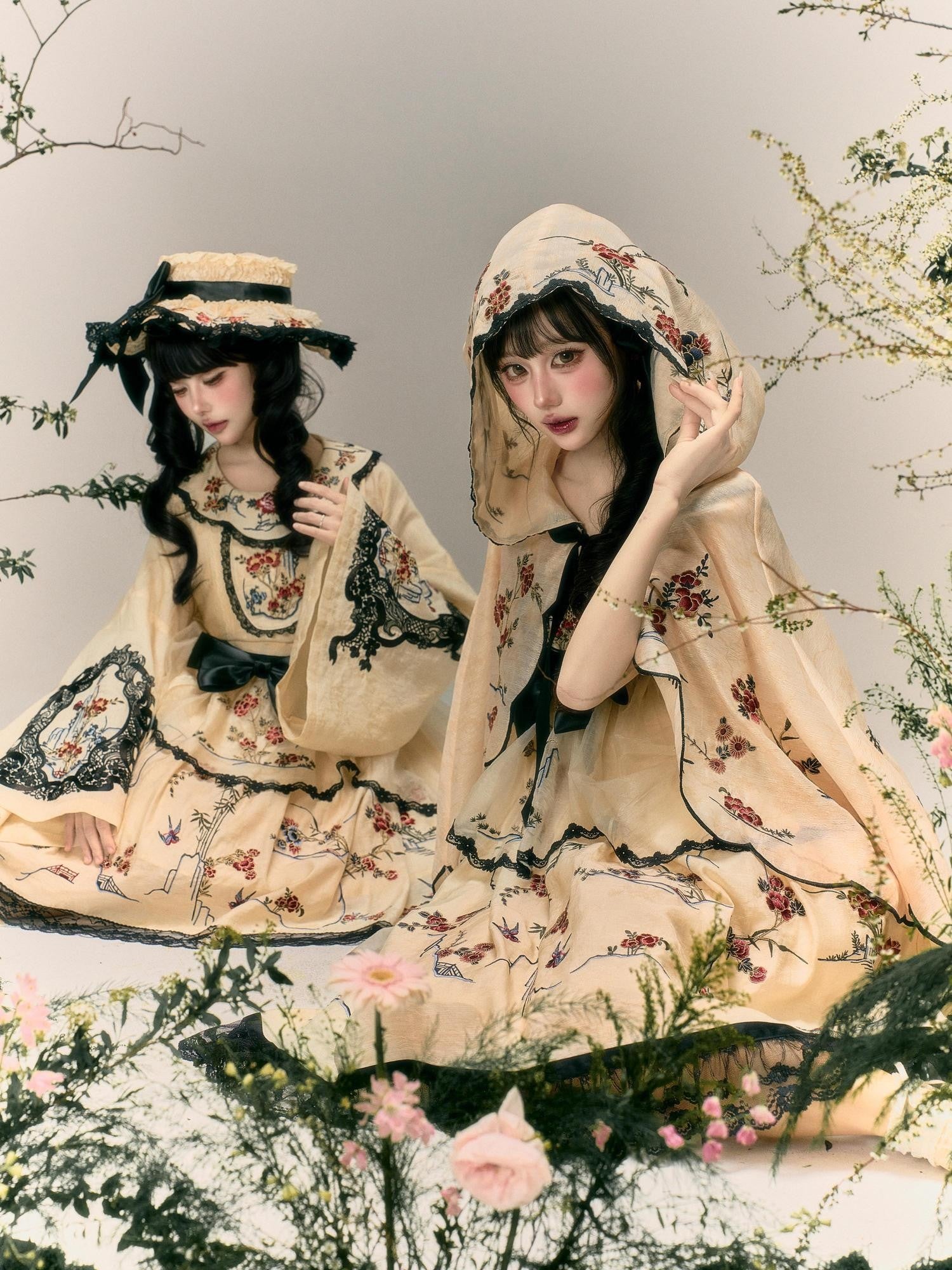 Yi Mu Hu Tao Amber Floral Bird Embroidered Sino Western Strappy Women's Jsk Sets
