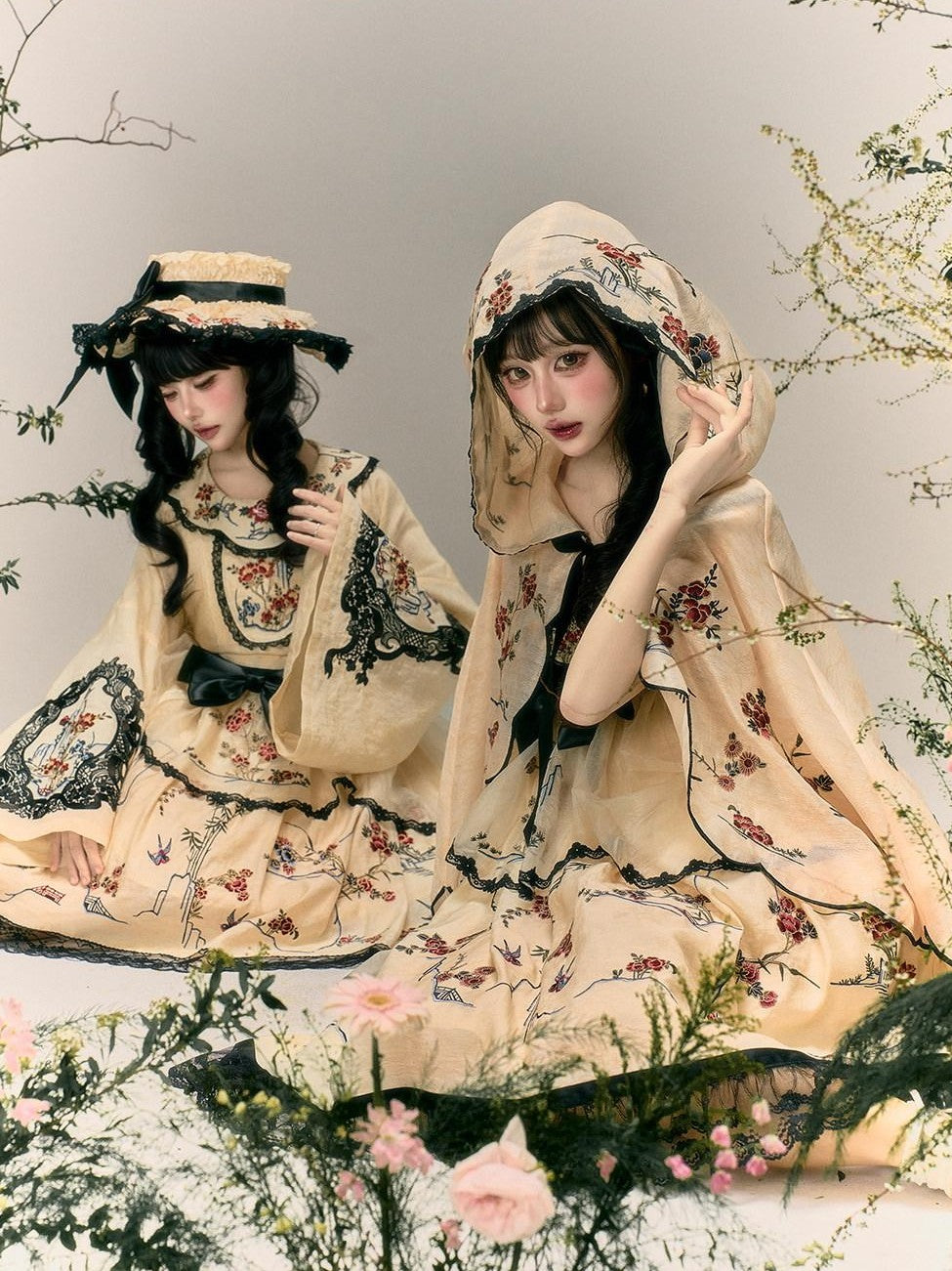 Yi Mu Hu Tao Amber Floral Bird Embroidered Sino Western Strappy Women's Jsk Sets