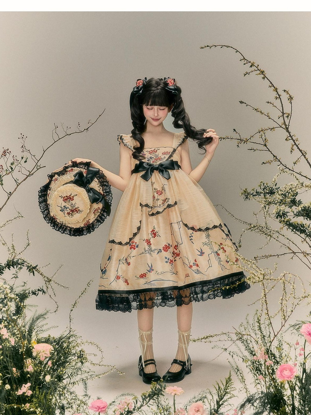 Yi Mu Hu Tao Amber Floral Bird Embroidered Sino Western Strappy Women's Jsk Sets