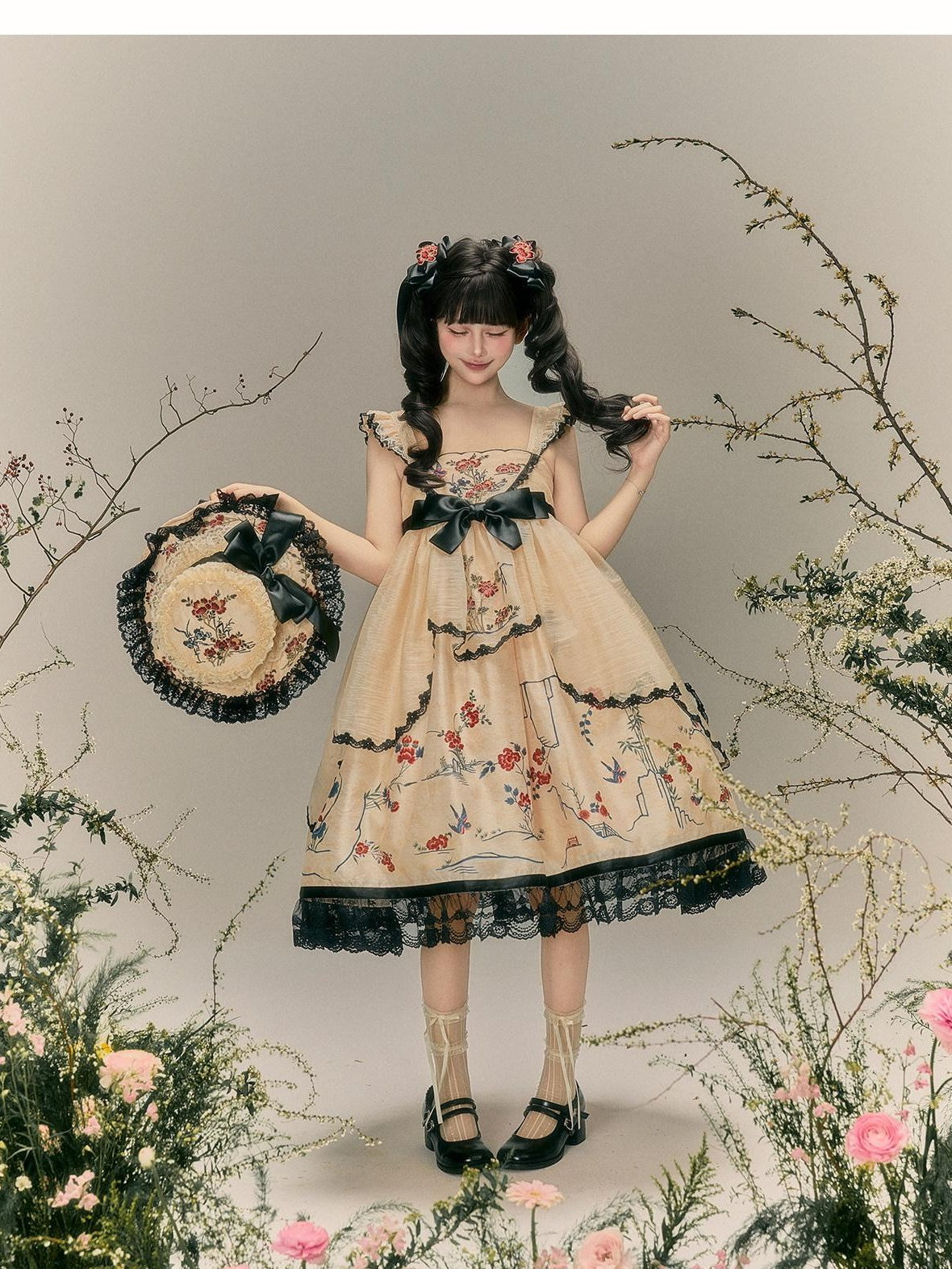 Yi Mu Hu Tao Amber Floral Bird Embroidered Sino Western Strappy Women's Jsk Sets