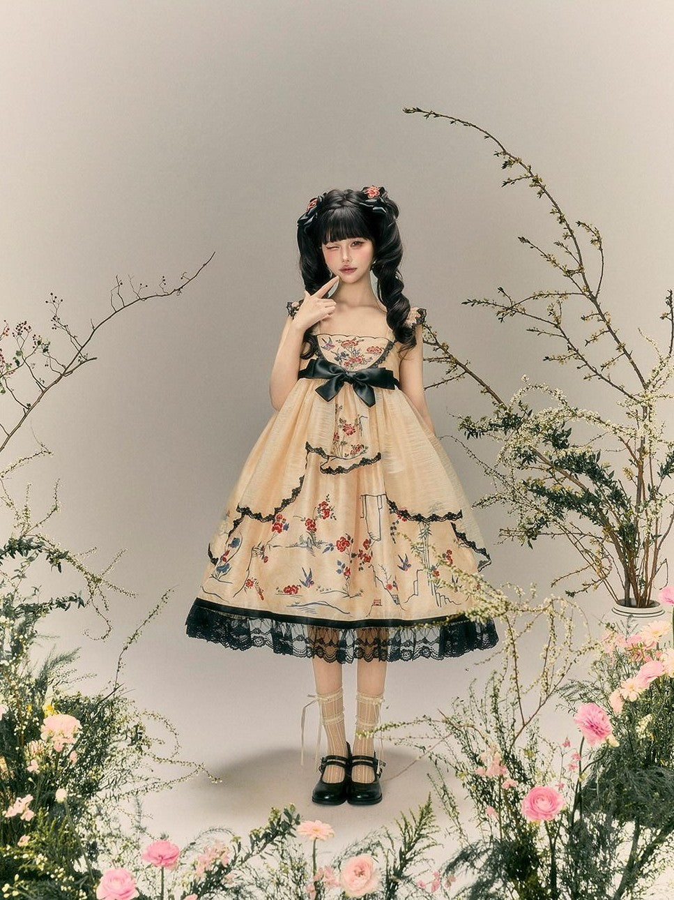 Yi Mu Hu Tao Amber Floral Bird Embroidered Sino Western Strappy Women's Jsk Sets