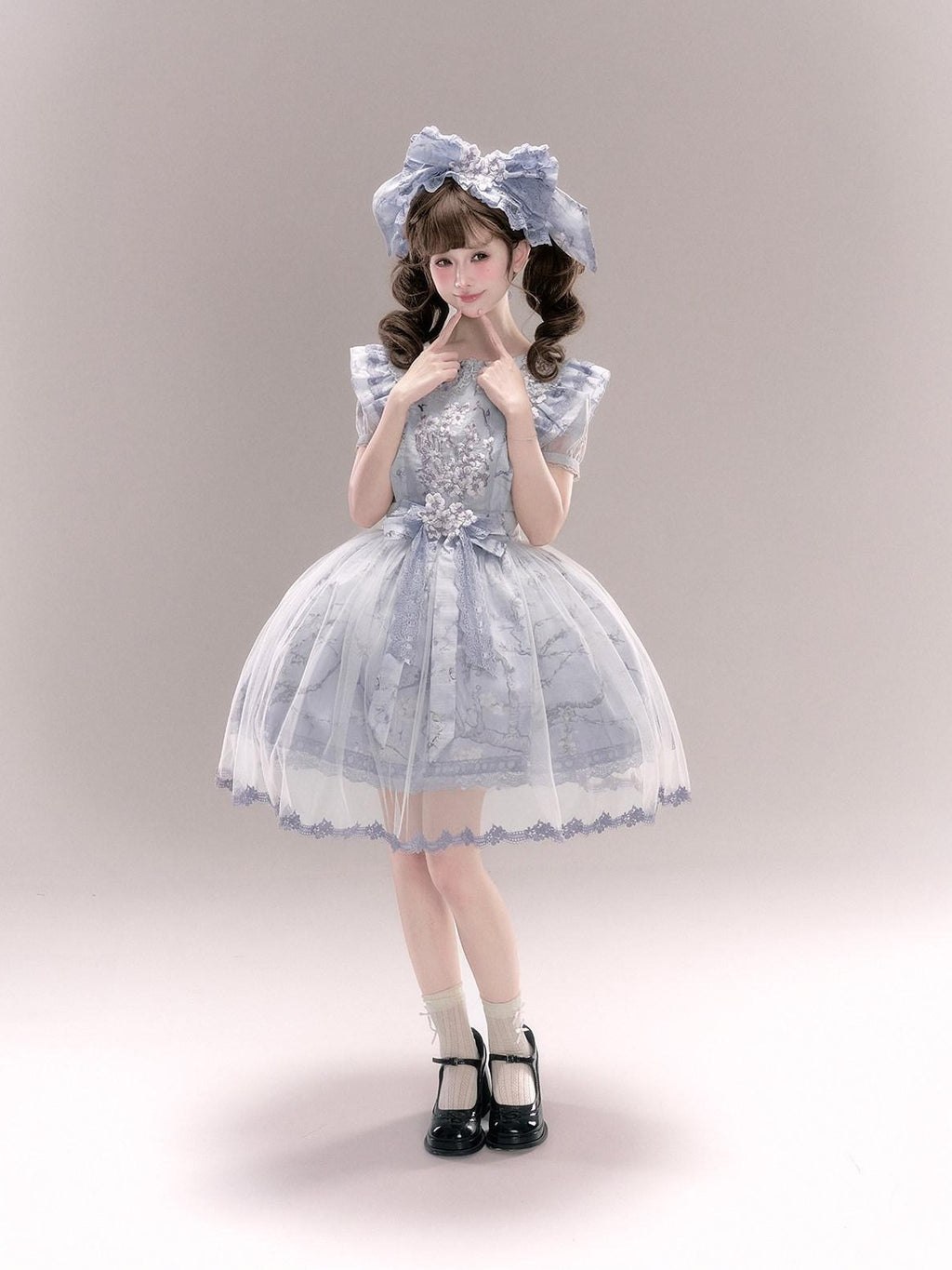 Yi Mu Hu Tao Apricot Blossom Embroidered Doll Collar Short Sleeve Women's Polyester Jsk Sets