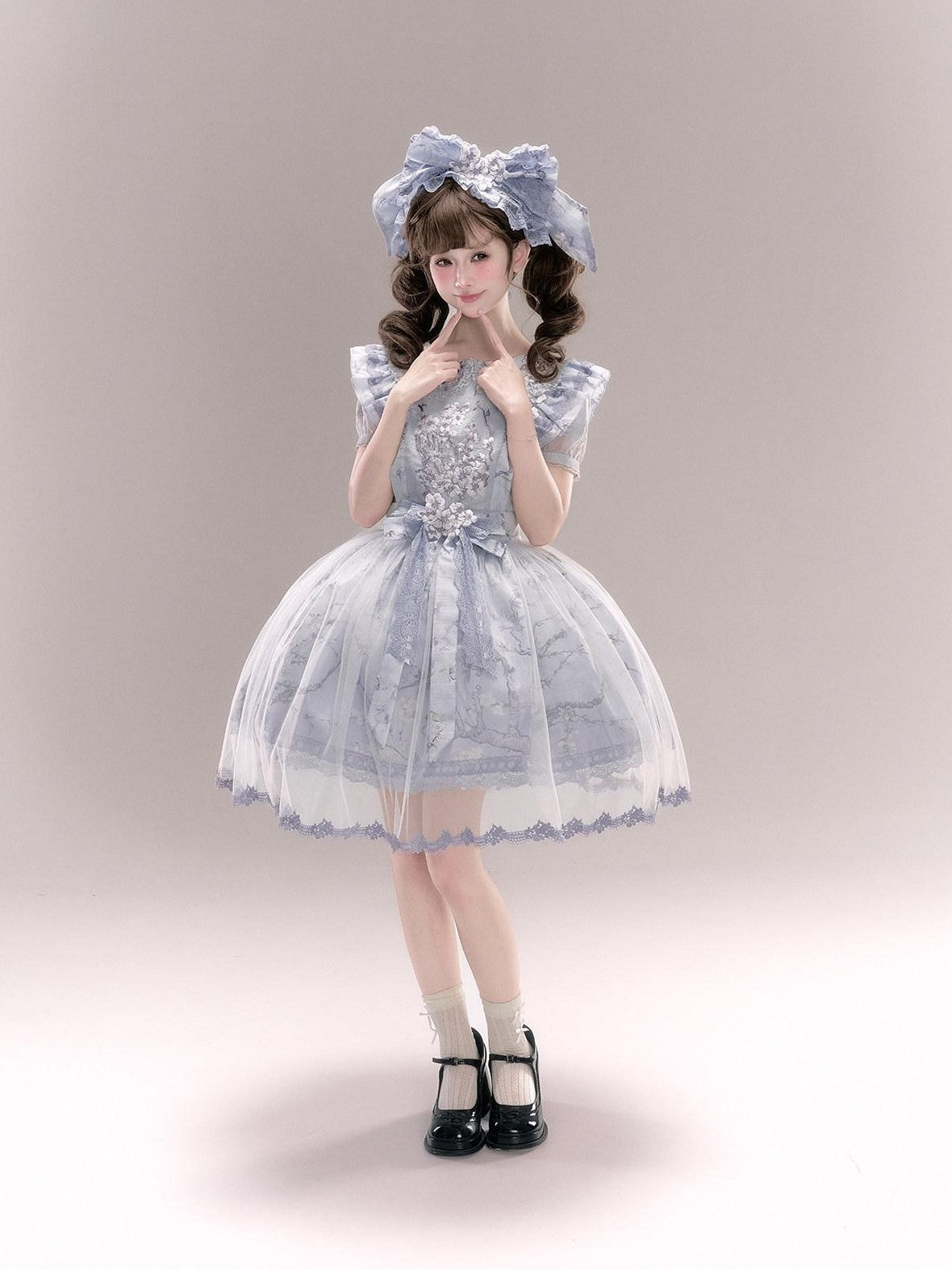 Yi Mu Hu Tao Apricot Blossom Embroidered Doll Collar Short Sleeve Women's Polyester Jsk Sets
