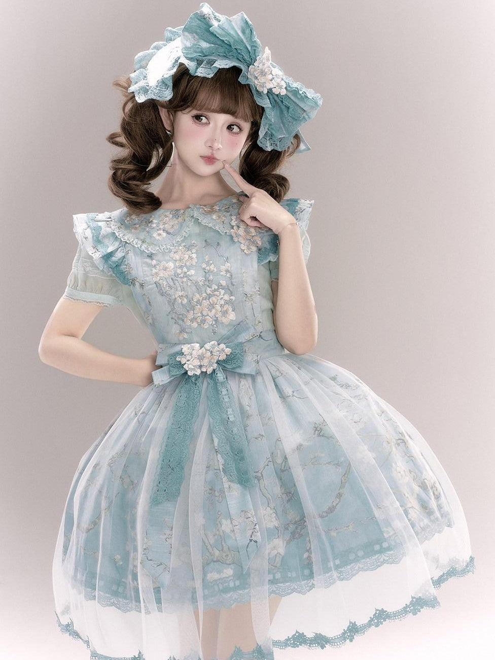 Yi Mu Hu Tao Apricot Blossom Embroidered Doll Collar Short Sleeve Women's Polyester Jsk Sets