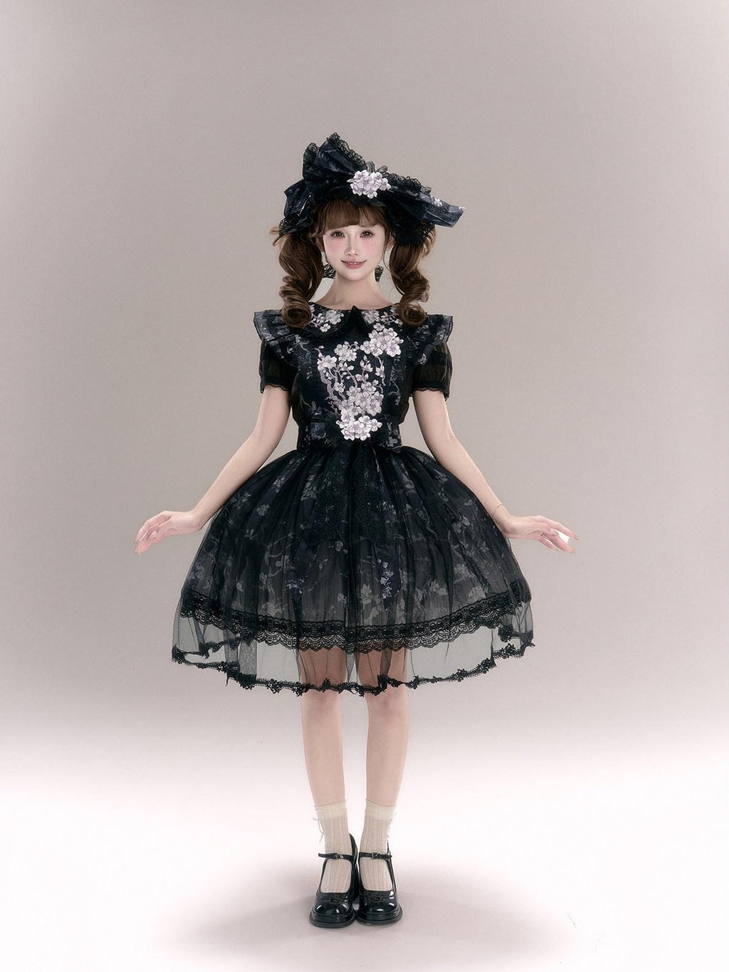 Yi Mu Hu Tao Apricot Blossom Embroidered Doll Collar Short Sleeve Women's Polyester Jsk Sets