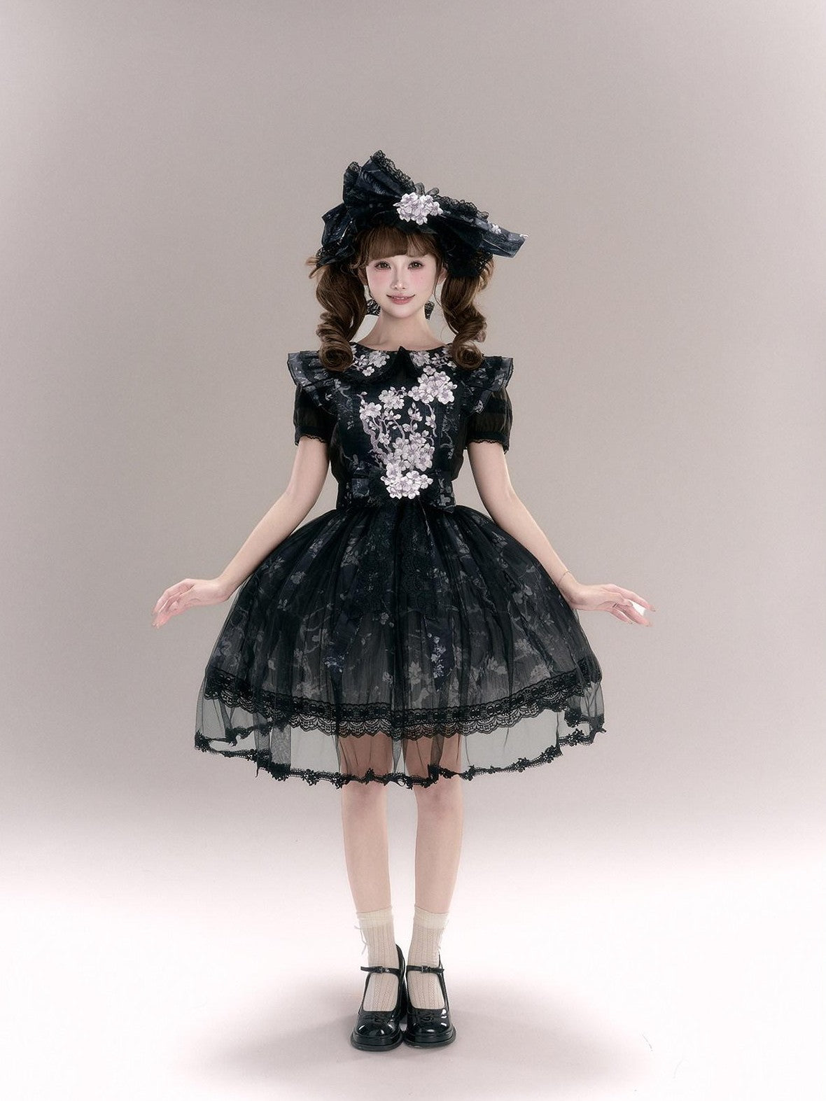 Yi Mu Hu Tao Apricot Blossom Embroidered Doll Collar Short Sleeve Women's Polyester Jsk Sets