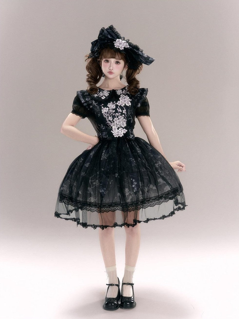 Yi Mu Hu Tao Apricot Blossom Embroidered Doll Collar Short Sleeve Women's Polyester Jsk Sets