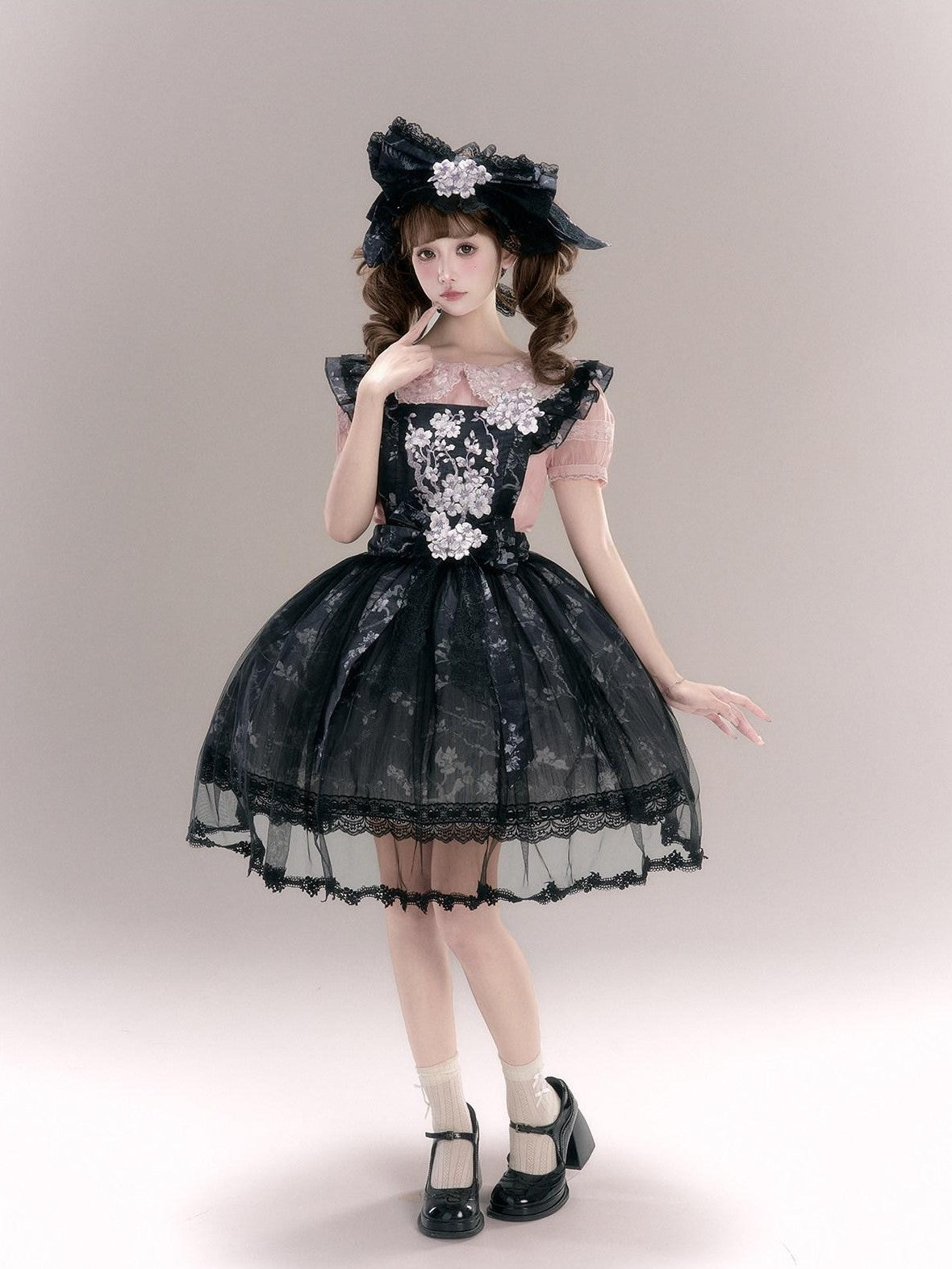 Yi Mu Hu Tao Apricot Blossom Embroidered Doll Collar Short Sleeve Women's Polyester Jsk Sets