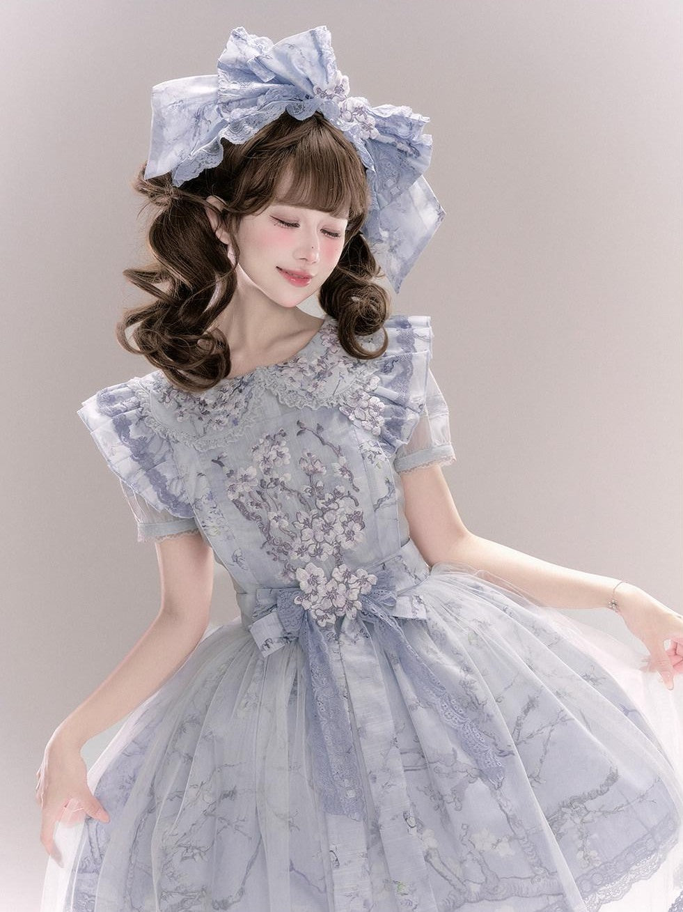 Yi Mu Hu Tao Apricot Blossom Embroidered Doll Collar Short Sleeve Women's Polyester Jsk Sets