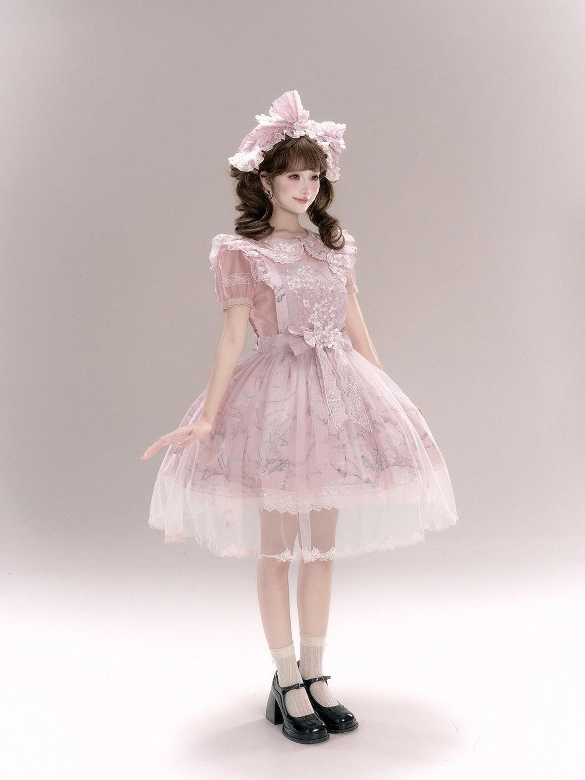 Yi Mu Hu Tao Apricot Blossom Embroidered Doll Collar Short Sleeve Women's Polyester Jsk Sets