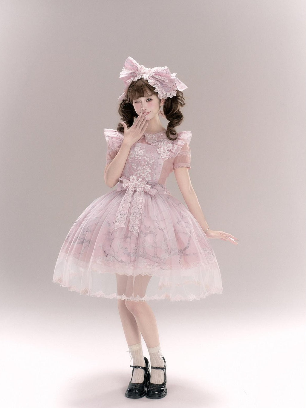 Yi Mu Hu Tao Apricot Blossom Embroidered Doll Collar Short Sleeve Women's Polyester Jsk Sets