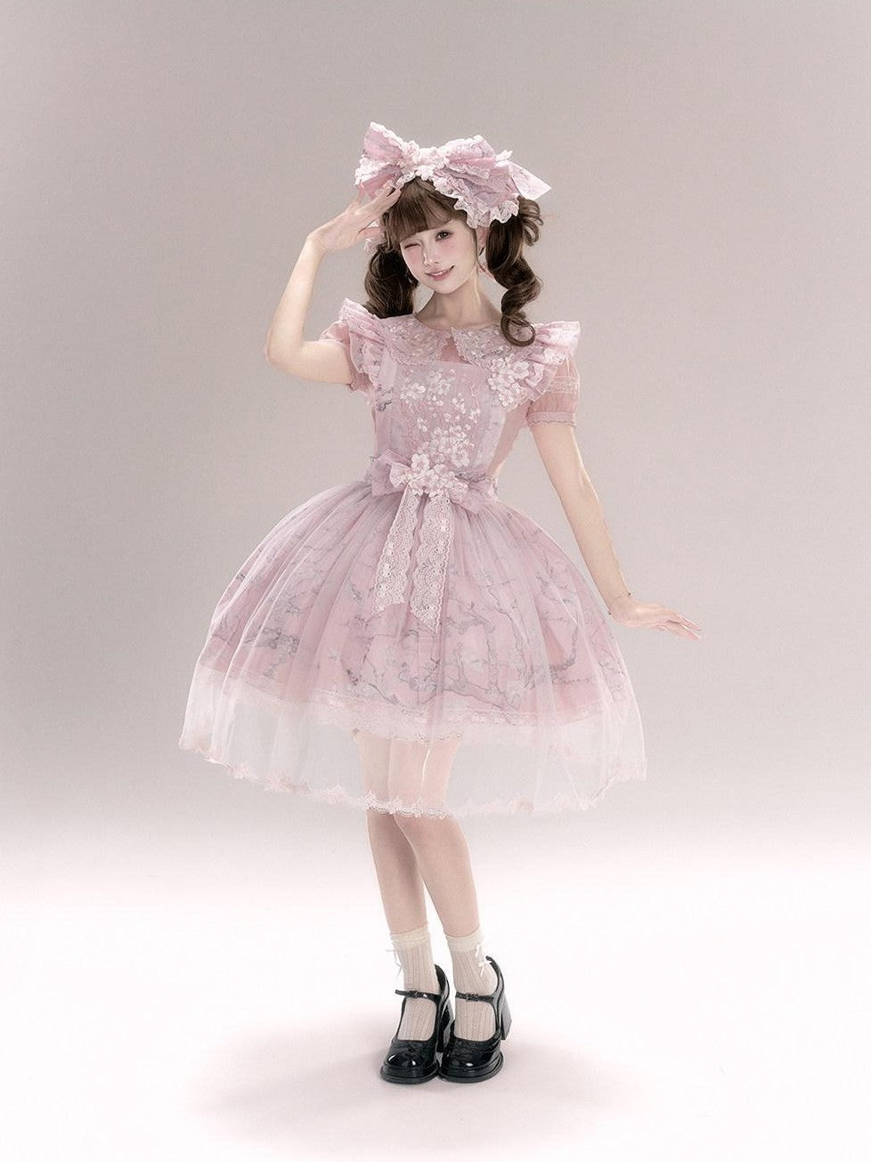 Yi Mu Hu Tao Apricot Blossom Embroidered Doll Collar Short Sleeve Women's Polyester Jsk Sets