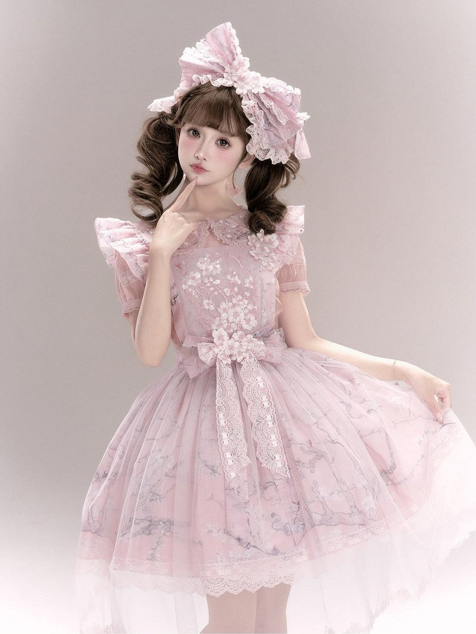 Yi Mu Hu Tao Apricot Blossom Embroidered Doll Collar Short Sleeve Women's Polyester Jsk Sets