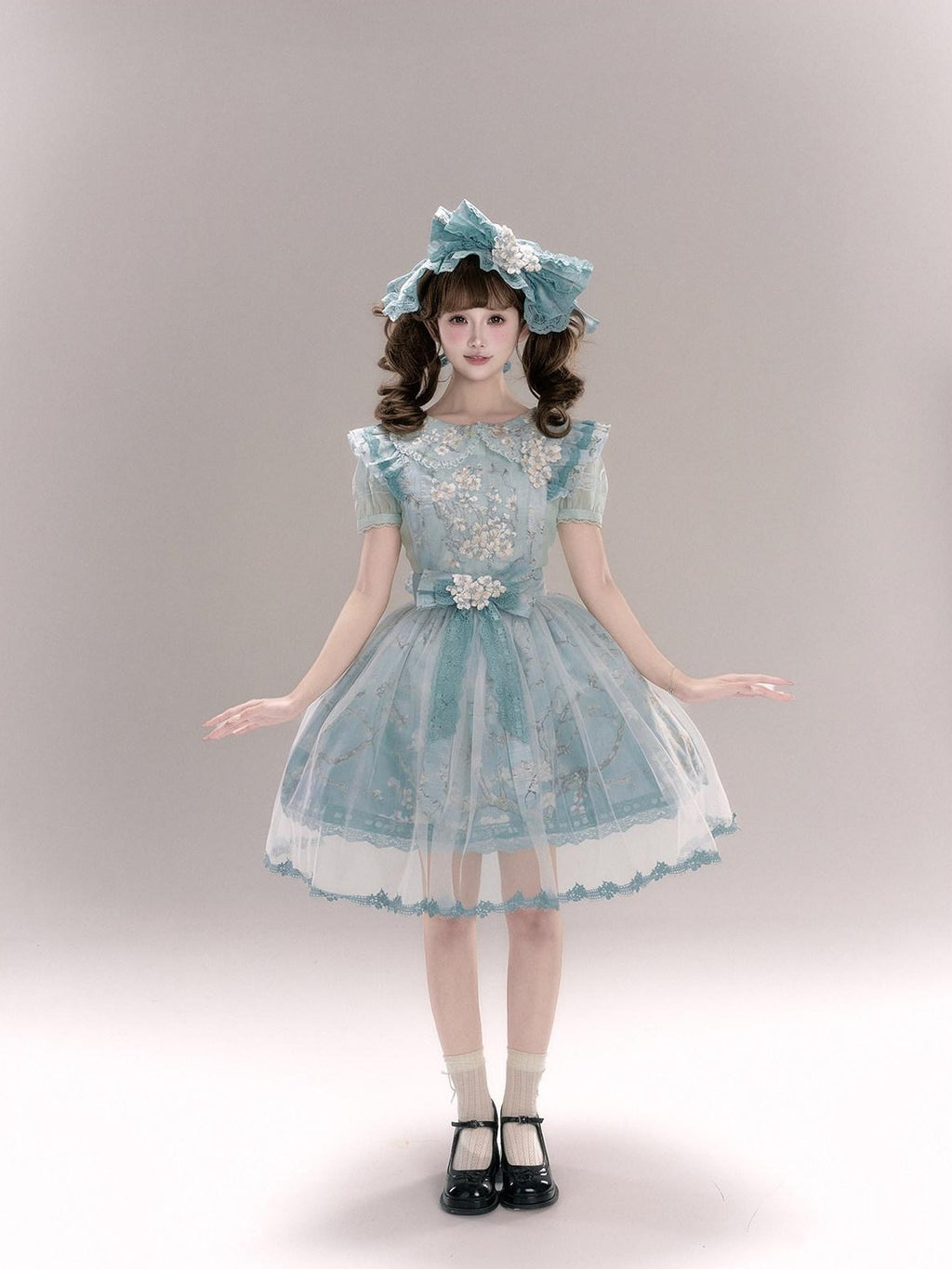 Yi Mu Hu Tao Apricot Blossom Embroidered Doll Collar Short Sleeve Women's Polyester Jsk Sets