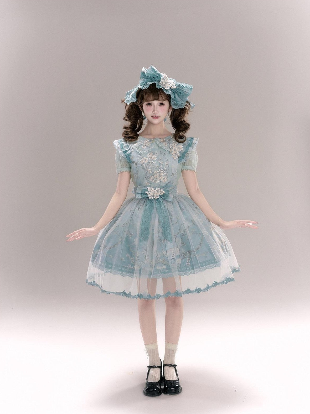 Yi Mu Hu Tao Apricot Blossom Embroidered Doll Collar Short Sleeve Women's Polyester Jsk Sets